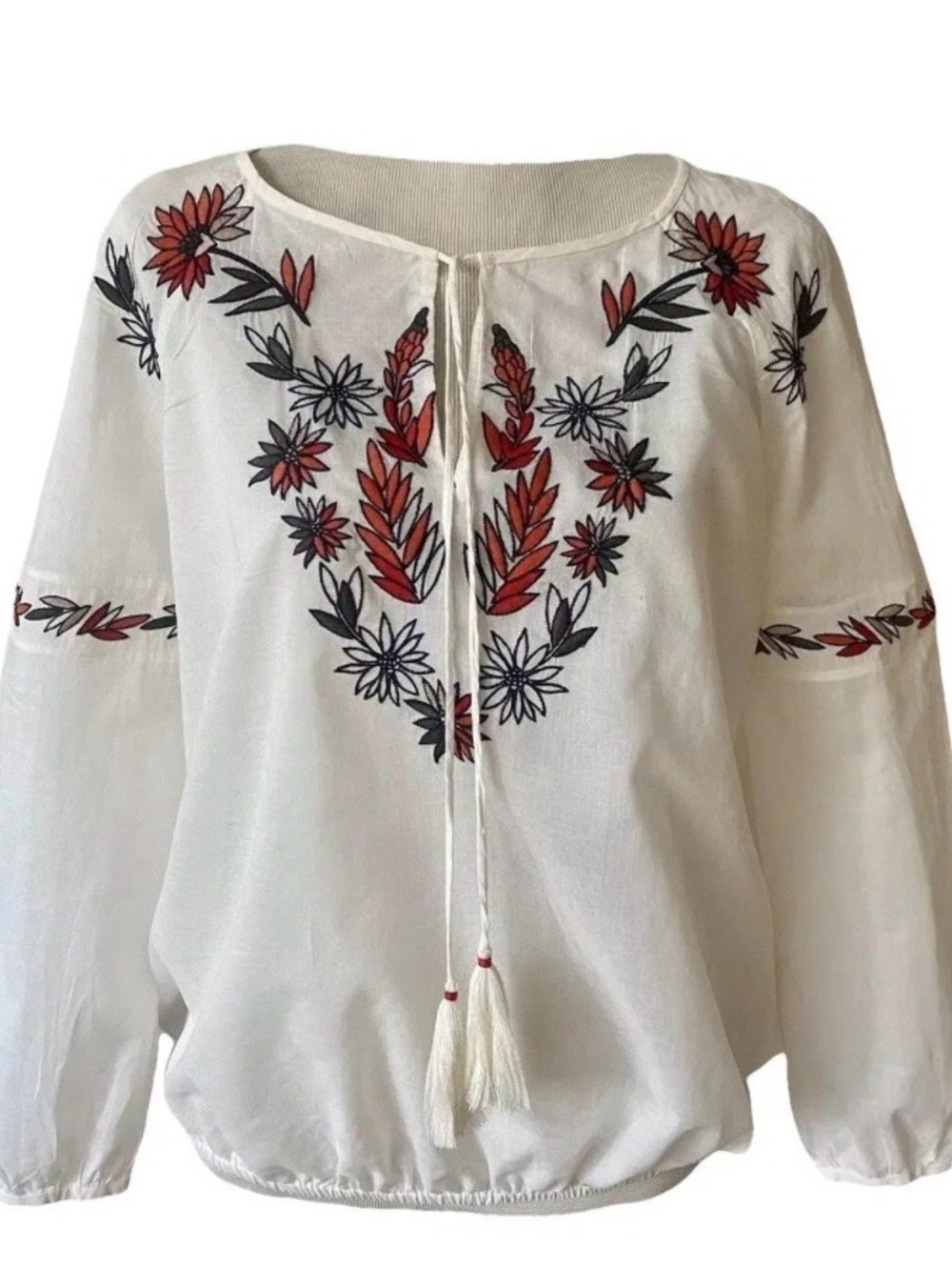 Tory Burch White Peasant Blouse with Floral Embroidery